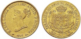 MONETE ITALIANE REGIONALI
PARMA
Maria Luigia d’Austria, 1815-1847. 20 Lire 1815. Au Simile a precedente. Pag. 3; Gig. 3. Molto Rara. q. BB