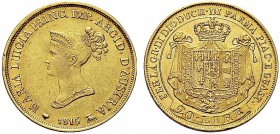 MONETE ITALIANE REGIONALI
PARMA
Maria Luigia d’Austria, 1815-1847. 20 Lire 1815. Au Come precedente. Pag. 3; Gig. 3. Molto Rara. Pulita al dr. BB