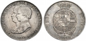 MONETE ITALIANE REGIONALI
PARMA
Roberto I di Borbone con la Reggenza della Madre, 1854-1859. 5 Lire 1858. Ar Busti accollati a s. Nel campo stemma o...