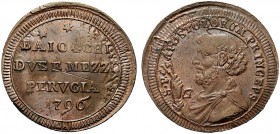 MONETE ITALIANE REGIONALI
PERUGIA
Pio VI (Giovanni Angelo Braschi), 1775-1799. Sampietrino da 2 e ½ Baiocchi 1796. Æ gr. 14,54 S.P.APOSTOLORUM PRINC...