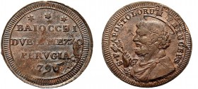MONETE ITALIANE REGIONALI
PERUGIA
Pio VI (Giovanni Angelo Braschi), 1775-1799. Sampietrino da 2 e ½ Baiocchi 1796. Æ gr. 15,90 Come precedente. CNI ...