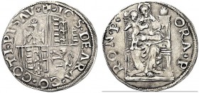 MONETE ITALIANE REGIONALI
PESARO
Giovanni Sforza, 1489-1500 e 1503-1510. Grosso. Ar gr. 1,92 Campo inquartato. Rv. La Beata Vergine in trono con Bim...