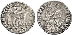 MONETE ITALIANE REGIONALI
PISA
Emissioni a nome di Federico II, 1313-1406. Grosso da 2 soldi, senza segno. Ar gr. 1,64 Aquila coronata, ad ali spieg...