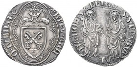 MONETE ITALIANE REGIONALI
ROMA
Nicolò V (Tommaso Parentucelli), 1447-1455. Grosso del Giubileo 1450. Ar gr. 3,79 N PP V A NN O IVBILEI (segno di zec...