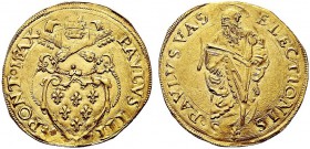 MONETE ITALIANE REGIONALI
ROMA
Paolo III (Alessandro Farnese), 1534-1549. Scudo d'oro. Au gr. 3,34 PAVLVS III PONT MAX Stemma sormontato da triregno...