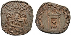 MONETE ITALIANE REGIONALI
ROMA
Clemente VIII (Ippolito Aldobrandini), 1592-1605. Quattrino 1600 Anno Santo. Æ gr. 3,80 Stemma. Rv. Porta chiusa; nel...