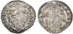 MONETE ITALIANE REGIONALI
ROMA
Paolo V (Camillo Borghese), 1605-1621. Testone a. V. Ar gr. 9,37 Stemma a targa. Rv. San Paolo stante. M. 25; B. 1553...