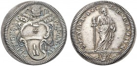 MONETE ITALIANE REGIONALI
ROMA
Clemente XI (Gianfrancesco Albani), 1700-1721. Giulio a. XIV. Ar gr. 3,09 CLEMENS XI P M AN XIV Stemma a volute e fog...