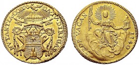 MONETE ITALIANE REGIONALI
ROMA
Sede Vacante (Cam. Card. Annibale Albani), 1740. Zecchino 1740. Au gr. 3,40 La Chiesa , col capo radiante, seduta su ...