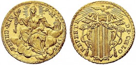 MONETE ITALIANE REGIONALI
ROMA
Benedetto XIV (Prospero Lambertini), 1740-1758. Zecchino 1742. Au gr. 3,43 La Chiesa seduta su nubi. Stemma. M. 9a; B...