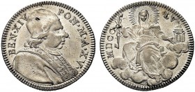 MONETE ITALIANE REGIONALI
ROMA
Benedetto XIV (Prospero Lambertini), 1740-1758. Doppio giulio 1754 a. XV. Ar gr. 5,22 Busto a d. Rv. La Chiesa stante...