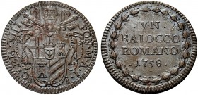 MONETE ITALIANE REGIONALI
ROMA
Clemente XIII (Carlo Rezzonico), 1758-1769. Baiocco 1758 a. I. Æ gr. 11,33 Stemma papale. Rv. Scritta in 4 righe. M. ...