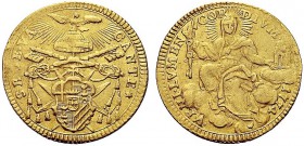 MONETE ITALIANE REGIONALI
ROMA
Sede Vacante (Cam. Card. Carlo Rezzonico), 1774. Zecchino 1774. Au gr. 3,39 La Chiesa , col capo radiante, seduta su ...