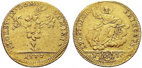 MONETE ITALIANE REGIONALI
ROMA
Pio VI (Giovanni Angelo Braschi), 1775-1799. Doppia romana 1777. Au gr. 5,40 Pianta di giglio con fiori. Rv. S. Pietr...