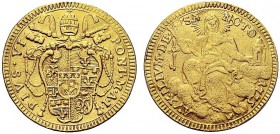 MONETE ITALIANE REGIONALI
ROMA
Pio VI (Giovanni Angelo Braschi), 1775-1799. Zecchino 1775 a. I. Au gr. 3,39 Stemma in cartella poligonale con foglia...
