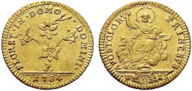 MONETE ITALIANE REGIONALI
ROMA
Pio VI (Giovanni Angelo Braschi), 1775-1799. Mezza doppia romana 1784. Au gr. 2,71 Pianta di giglio. Rv. San Pietro s...