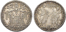 MONETE ITALIANE REGIONALI
ROMA
Pio VI (Giovanni Angelo Braschi), 1775-1799. Testone 1785 a. XI. Ar gr. 7,86 Armetta papale sormontata da chiavi e ti...