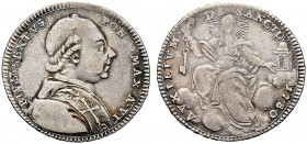 MONETE ITALIANE REGIONALI
ROMA
Pio VI (Giovanni Angelo Braschi), 1775-1799. Doppio giulio 1780 a. VI. Ar gr. 5,29 Busto a d. Rv. La Chiesa velata. M...