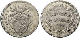 MONETE ITALIANE REGIONALI
ROMA
Pio VI (Giovanni Angelo Braschi), 1775-1799. 60 baiocchi 1795 a. XXI. Mi gr. 22,09 Tiara su chiavi decussate. Rv. Scr...