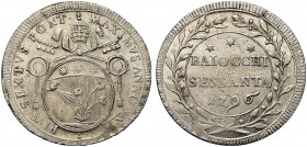MONETE ITALIANE REGIONALI
ROMA
Pio VI (Giovanni Angelo Braschi), 1775-1799. 60 Baiocchi 1796 a. XXII. Mi gr. 16,98 Simile a precedente. M. 63; B. 29...