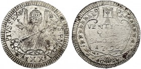 MONETE ITALIANE REGIONALI
ROMA
Pio VI (Giovanni Angelo Braschi), 1775-1799. 25 Baiocchi 1796 a. XXI. Mi gr. 6,46 Simile a precedente. M. 66a; B. 297...