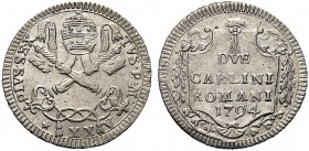 MONETE ITALIANE REGIONALI
ROMA
Pio VI (Giovanni Angelo Braschi), 1775-1799. Due carlini 1794 a. XX. Mi gr. 5,70 Tiara su chiavi decussate. Rv. Scrit...