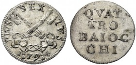 MONETE ITALIANE REGIONALI
ROMA
Pio VI (Giovanni Angelo Braschi), 1775-1799. Muraiola da 4 baiocchi 1794. Mi gr. 2,55 Chiavi decussate. Rv. Valore in...