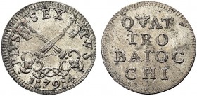 MONETE ITALIANE REGIONALI
ROMA
Pio VI (Giovanni Angelo Braschi), 1775-1799. Muraiola da 4 baiocchi 1794. Mi gr. 2,60 Simile a precedente. M. 90a; B....