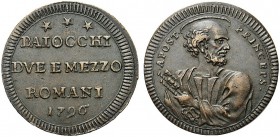 MONETE ITALIANE REGIONALI
ROMA
Pio VI (Giovanni Angelo Braschi), 1775-1799. Sampietrino da due baiocchi e mezzo 1796. Æ gr. 15,36 Tipo solito. M. 98...