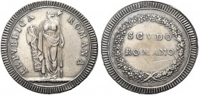 MONETE ITALIANE REGIONALI
ROMA
Prima Repubblica Romana 1798-1799. Scudo Romano s. data. Ar gr. 26,21 La Libertà, volta a s., con fascio e picca sorm...