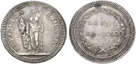 MONETE ITALIANE REGIONALI
ROMA
Prima Repubblica Romana 1798-1799. Scudo Romano s. data. Ar gr. 26,18 Come precedente. Pag. 1; Bruni 1; Gig. 1. Raro....