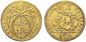 MONETE ITALIANE REGIONALI
ROMA
Pio VII (Barnaba Chiaramonti), 1800-1823. Doppia a. I. Au Stemma papale. Rv. S. Pietro nimbato seduto di fronte sulle...