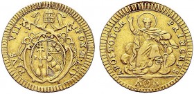 MONETE ITALIANE REGIONALI
ROMA
Pio VII (Barnaba Chiaramonti), 1800-1823. Doppia a. IV. Au Simile a precedente. Pag. 54a; Gig. 4. Rara. BB