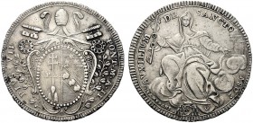 MONETE ITALIANE REGIONALI
ROMA
Pio VII (Barnaba Chiaramonti), 1800-1823. Mezzo scudo 1802 a. II. Ar Stemma papale. Rv. La Chiesa, seduta tra le nubi...