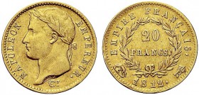 MONETE ITALIANE REGIONALI
ROMA
Napoleone I Imperatore, 1804-1814. 20 Franchi 1812 Roma. Au Come precedente. Pag. 92; Gig. 17. Raro. Buon BB