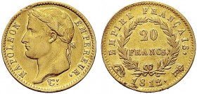 MONETE ITALIANE REGIONALI
ROMA
Napoleone I Imperatore, 1804-1814. 20 Franchi 1812 Roma. Au Come precedente. Pag. 92, Gig. 17 Raro. Difetto al bordo ...