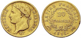 MONETE ITALIANE REGIONALI
ROMA
Napoleone I Imperatore, 1804-1814. 20 Franchi 1813 Roma. Au Come precedente. Pag. 93; Gig. 20. Molto Raro. Segnetti n...