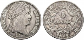 MONETE ITALIANE REGIONALI
ROMA
Napoleone I Imperatore, 1804-1814. 5 Franchi 1812 Roma. Ar Come precedente. Pag. 84; Gig. 30. Raro. BB