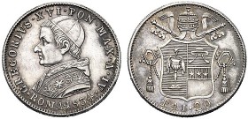 MONETE ITALIANE REGIONALI
ROMA
Gregorio XVI (Mauro Cappellari della Colomba), 1831-1846. 20 Baiocchi 1834 a. IV. Ar Busto a s. Rv. Stemma. Pag. 231;...