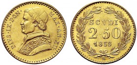 MONETE ITALIANE REGIONALI
ROMA
Pio IX (Giovanni Maria Mastai Ferretti), 1846-1870. 2,50 Scudi 1858 a. XII. Au Come precedente. Pag. 365a; Gig. 25. S...