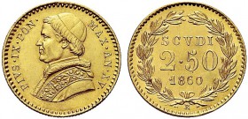 MONETE ITALIANE REGIONALI
ROMA
Pio IX (Giovanni Maria Mastai Ferretti), 1846-1870. 2,50 Scudi 1860 a. XV. Au Come precedente. Pag. 370; Gig. 32. Col...