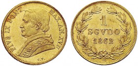 MONETE ITALIANE REGIONALI
ROMA
Pio IX (Giovanni Maria Mastai Ferretti), 1846-1870. Scudo 1862 a. XVII. Au Simile a precedente. Pag. 387; Gig. 50. q....