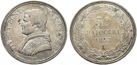 MONETE ITALIANE REGIONALI
ROMA
Pio IX (Giovanni Maria Mastai Ferretti), 1846-1870. 50 Baiocchi 1853 a. VIII. Ar Busto a s. con zucchetto, mozzetta e...