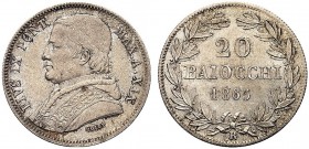 MONETE ITALIANE REGIONALI
ROMA
Pio IX (Giovanni Maria Mastai Ferretti), 1846-1870. 20 Baiocchi 1865 a. XIX. Ar Busto a s. con zucchetto, mozzetta e ...