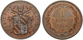 MONETE ITALIANE REGIONALI
ROMA
Pio IX (Giovanni Maria Mastai Ferretti), 1846-1870. Baiocco 1850 a. IV. Æ Stemma. Rv. Valore. Pag. 502; Gig. 224. FDC...