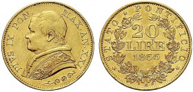 MONETE ITALIANE REGIONALI
ROMA
Pio IX (Giovanni Maria Mastai Ferretti), 1846-1870. 20 Lire 1866 a. XXI, Busto piccolo. Au Busto piccolo a s. con zuc...