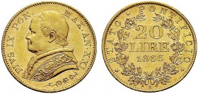 MONETE ITALIANE REGIONALI
ROMA
Pio IX (Giovanni Maria Mastai Ferretti), 1846-1870. 20 Lire 1866 a. XXI, Busto piccolo. Au Come precedente. Pag. 566;...