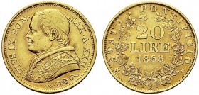 MONETE ITALIANE REGIONALI
ROMA
Pio IX (Giovanni Maria Mastai Ferretti), 1846-1870. 20 Lire 1868 a. XXII, Busto medio. Au Come precedente. Pag. 532; ...