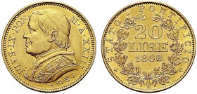 MONETE ITALIANE REGIONALI
ROMA
Pio IX (Giovanni Maria Mastai Ferretti), 1846-1870. 20 Lire 1868 a. XXIII, Busto grande. Au Come precedente. Pag. 534...