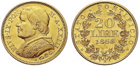 MONETE ITALIANE REGIONALI
ROMA
Pio IX (Giovanni Maria Mastai Ferretti), 1846-1870. 20 Lire 1868 a. XXIII, Busto grande. Au Come precedente. Pag. 573...